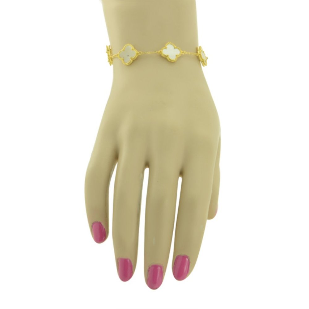 Clover Mother of Pearl 18k Yellow GP Sterling Silver 925 Bracelet 7.-7.8"